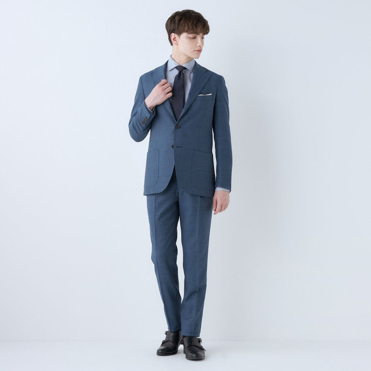 シルバーライン 【発送在庫あり】【CLASSICO TAPERED】【春夏】3釦段返りシングルスーツ 2タック/ブルー/パッチポケット/ウエストムーブ/MARZOTTO/※パンツ裾直し必要 青中間