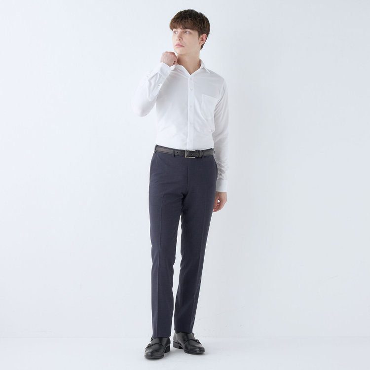 ブラックライン 【SLIM TAPERED】【春夏】0タックテーパードパンツ/ネイビー×チェック/ウエストムーブ/※裾上げ済み仕様 紺濃色