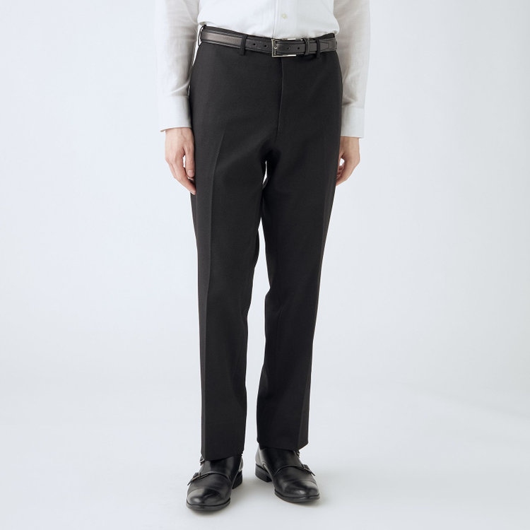 ブラックライン 【SLIM TAPERED】【秋冬】ポリエステル0タックテーパードパンツ/ブラック/ウエストムーブ/ウォッシャブル/4S スーパーストレッチ/裾上げ済み仕様 黒