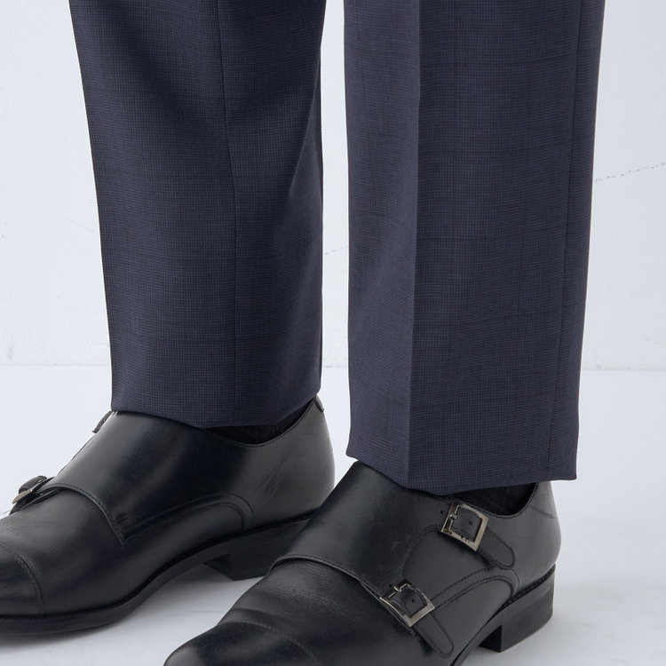 ブラックライン 【SLIM TAPERED】【春夏】0タックテーパードパンツ/ネイビー×チェック/ウエストムーブ/※裾上げ済み仕様 紺濃色