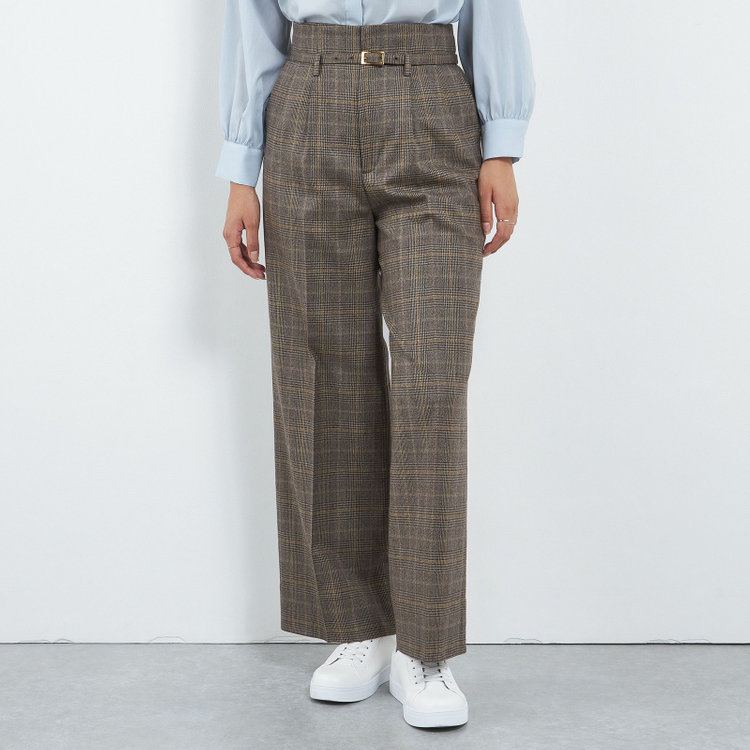 【SILVER LINE】【秋冬】共生地ベルト付きワイドパンツ/ブラウン×チェック/裾上げ済仕様