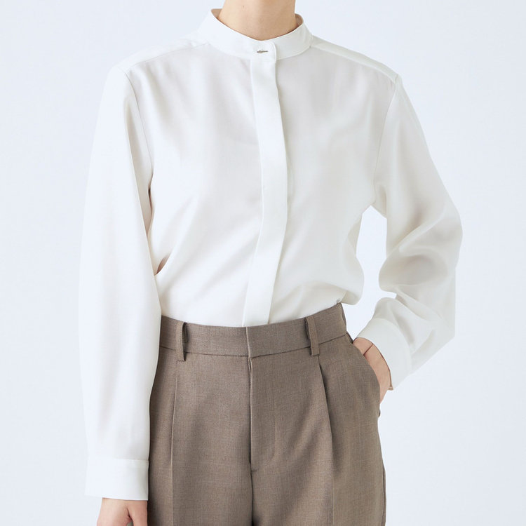 シルバーライン 【発送在庫あり】【SL/長袖】バンドカラーブラウス/ホワイト/比翼仕様 白