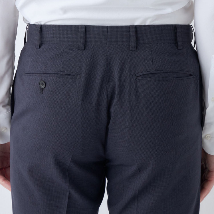ブラックライン 【SLIM TAPERED】【春夏】0タックテーパードパンツ/ネイビー×チェック/ウエストムーブ/※裾上げ済み仕様 紺濃色