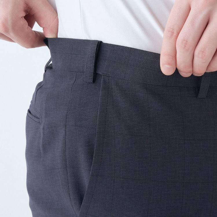 ブラックライン 【SLIM TAPERED】【春夏】0タックテーパードパンツ/ネイビー×チェック/ウエストムーブ/※裾上げ済み仕様 紺濃色