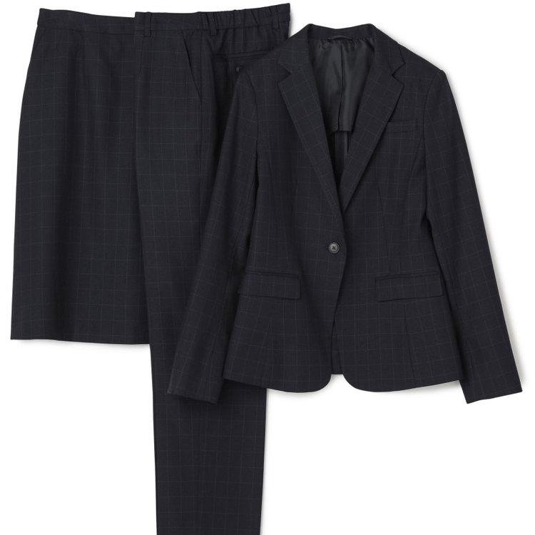 シルバーライン 【SL】【年間】1釦シングル 2Way スカート&パンツスーツ/ネイビー×チェック/ウエストシャーリング仕様/ウォッシャブル/※パンツ裾上げ済仕様 紺中間