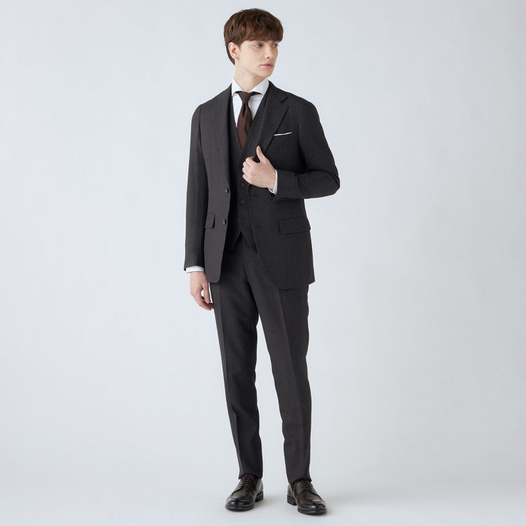 シルバーライン 【CLASSICO TAPERED】【秋冬】2釦シングルスリーピーススーツ 1タック/ブラウン×プレイド/ウエストムーブ/4S SUSTAINABILITY&ECOLOGY FABRIC/※パンツ裾上げ済仕様 茶中間