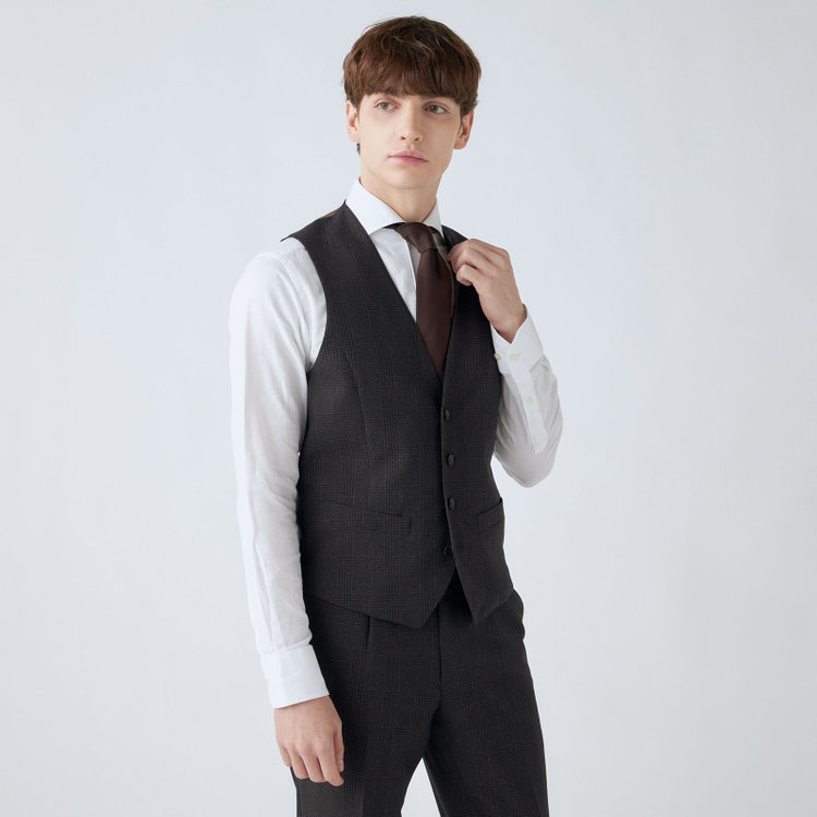 シルバーライン 【CLASSICO TAPERED】【秋冬】2釦シングルスリーピーススーツ 1タック/ブラウン×プレイド/ウエストムーブ/4S SUSTAINABILITY&ECOLOGY FABRIC/※パンツ裾上げ済仕様 茶中間