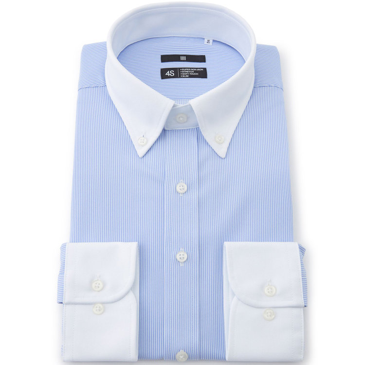 ブラックライン 【発送在庫あり】【BLACK LINE】クレリックボタンダウンワイシャツ/襟袖口：ホワイト+ブルー×ホワイトストライプ/「4S」スーパーノンアイロン・ストレッチ 青中間