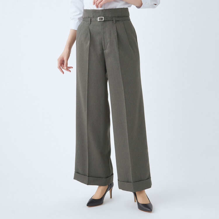 シルバーライン 【SL】【秋冬】6釦2掛けダブルワイドパンツスーツ/グレーグリーン/ウエスト内側アジャスター/ウォッシャブル/※裾上げ済み仕様 グレー濃色