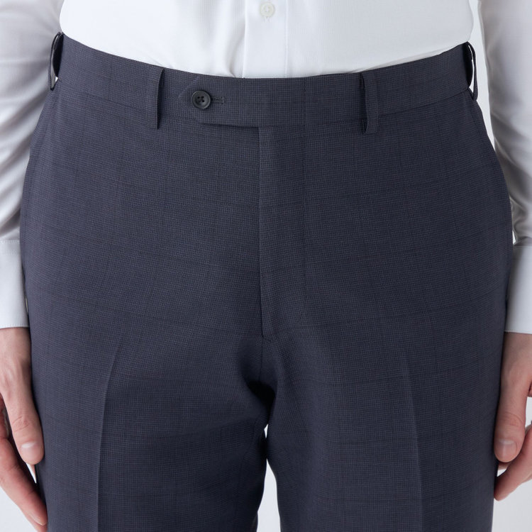 ブラックライン 【SLIM TAPERED】【春夏】0タックテーパードパンツ/ネイビー×チェック/ウエストムーブ/※裾上げ済み仕様 紺濃色