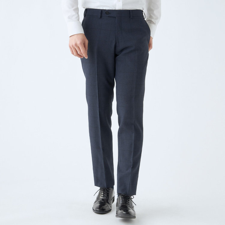 ブラックライン 【発送在庫あり】【SLIM TAPERED_2】【春夏】2釦シングルスリーピーススーツ 0タック/ネイビー×チェック/ウエストシャーリング/4S SUSTAINABILITY&ECOLOGY FABRIC/※パンツ裾上げ済仕様 紺濃色