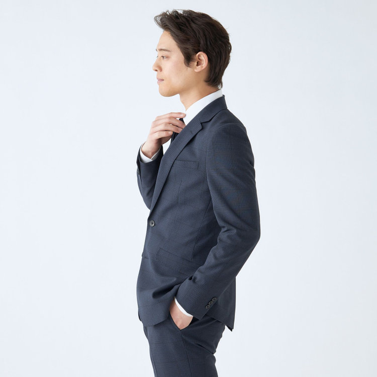 ブラックライン 【発送在庫あり】【SLIM TAPERED_2】【春夏】2釦シングルスリーピーススーツ 0タック/ネイビー×チェック/ウエストシャーリング/4S SUSTAINABILITY&ECOLOGY FABRIC/※パンツ裾上げ済仕様 紺濃色