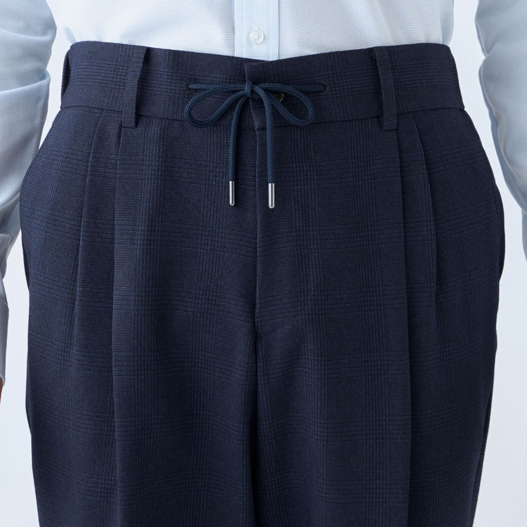 シルバーライン 【RBC】【秋冬】2タックテーパードパンツ/ネイビー×グレンチェック/ドローコード/ウエストシャーリング/※裾上げ済仕様 紺中間