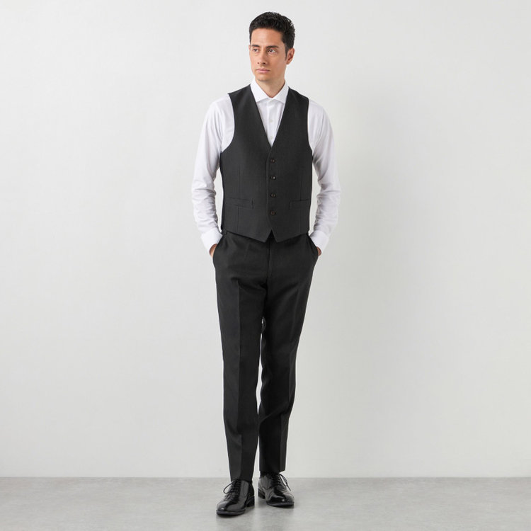ブラックライン 【SLIM TAPERED】【年間】 2釦シングルスリーピーススーツ 0タック/ ダークブラウン×デジタルデニム  /ウエストシャーリング/ 4S TAKE OUT SUITS / ※パンツ裾上げ済仕様 緑濃色