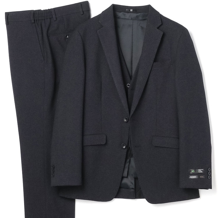 ブラックライン 【SLIM TAPERED_2】【秋冬】2釦シングルスリーピーススーツ 0タック/ネイビー×ドビー/ウエストシャーリング/4S SUSTAINABILITY&ECOLOGY FABRIC/※パンツ裾上げ済仕様 紺濃色