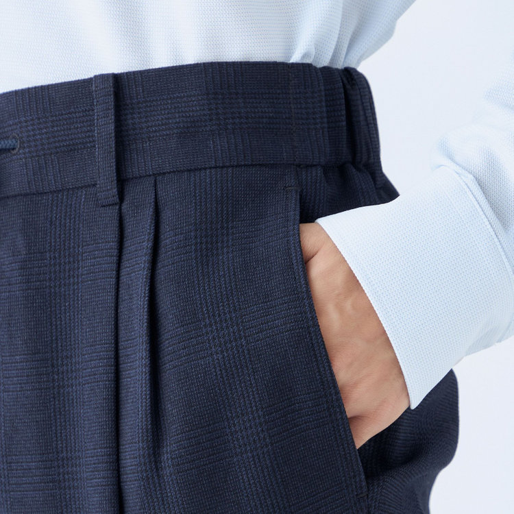 シルバーライン 【RBC】【秋冬】2タックテーパードパンツ/ネイビー×グレンチェック/ドローコード/ウエストシャーリング/※裾上げ済仕様 紺中間