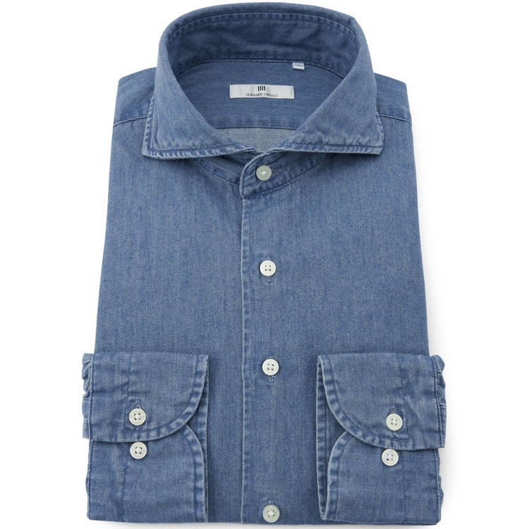 シルバーライン 【発送在庫あり】【CLASSICO TAPERED】ホリゾンタルワイドカラーワイシャツ/ブルー/インディゴ染 青中間