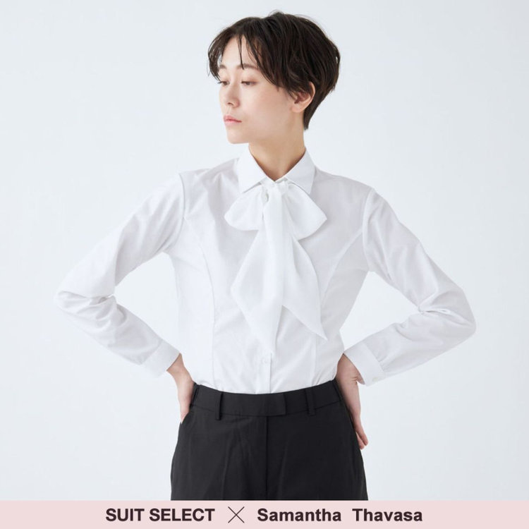 スーツセレクト 【SUIT SELECT×Samantha Thavasa】【長袖】リボン&フリル取り外しスキッパー/ホワイト×ドビーストライプ/形態安定 ホワイト系(白)