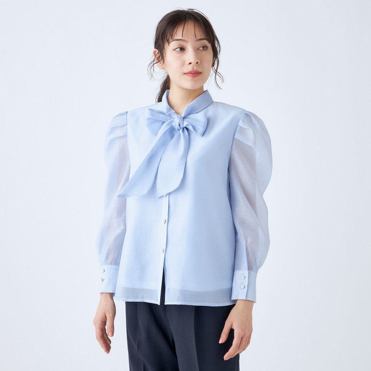 スーツセレクト  【Lady Like BLOUSE】【長袖】ボウタイブラウス/サックス 青淡色