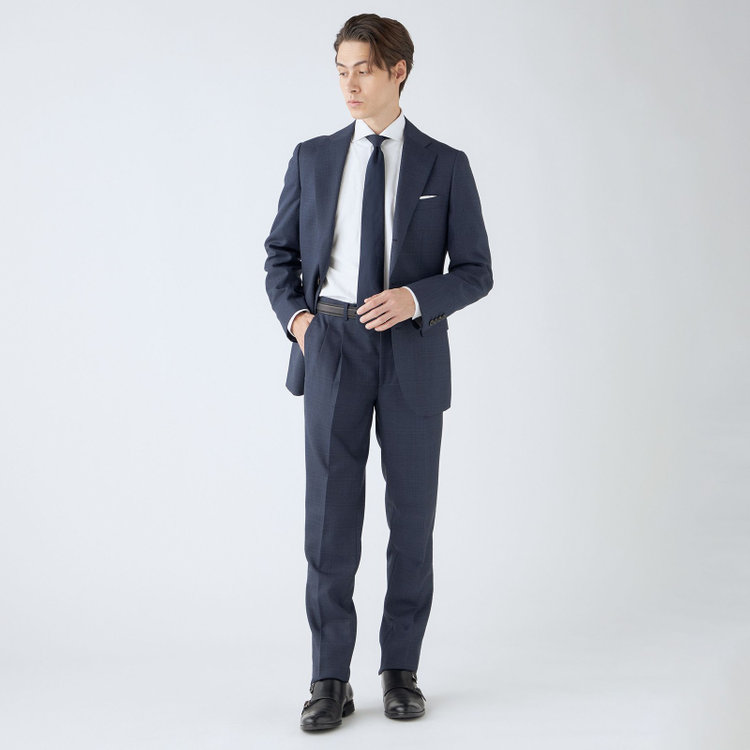 シルバーライン 【CLASSICO TAPERED】【秋冬】3釦段返りスーツ 2タック/ネイビー×チェック/ウエストムーブ/NEW ZEALAND WOOL MIX/※裾上げ必要 青中間