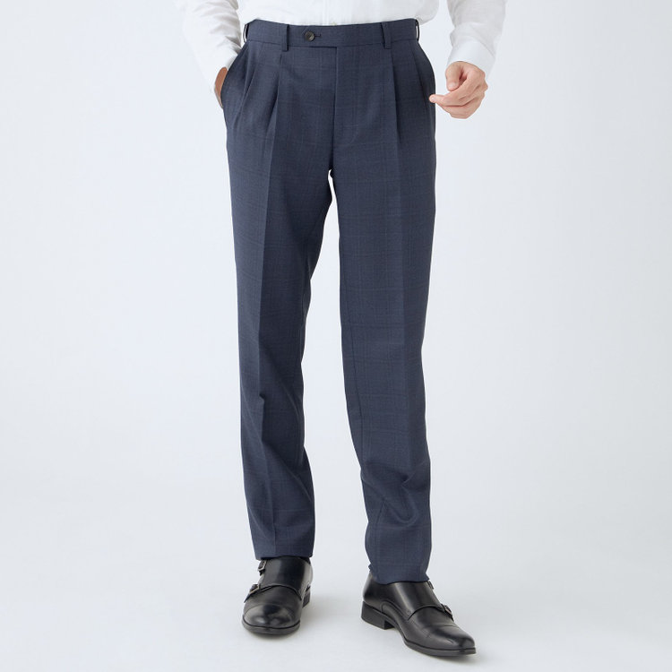 シルバーライン 【CLASSICO TAPERED】【秋冬】3釦段返りスーツ 2タック/ネイビー×チェック/ウエストムーブ/NEW ZEALAND WOOL MIX/※裾上げ必要 青中間