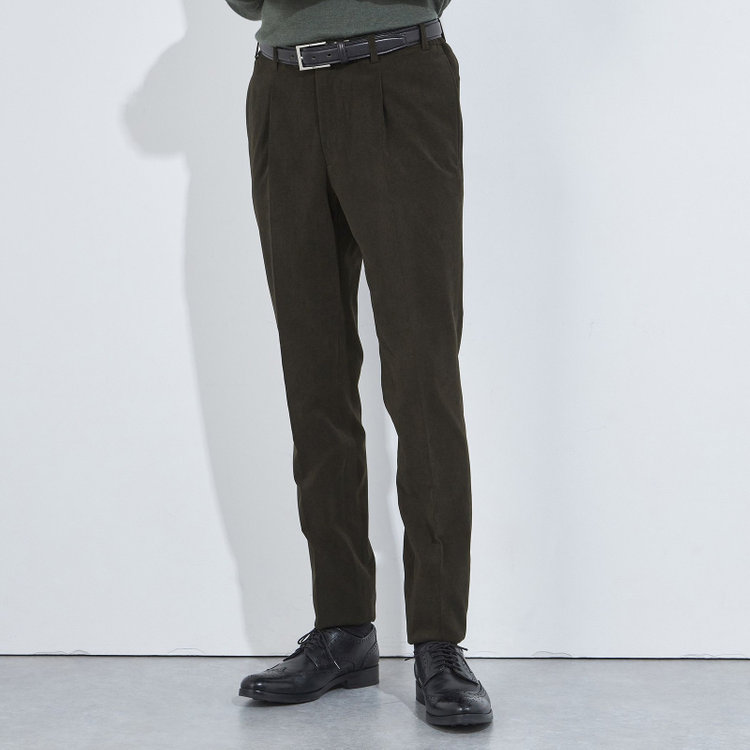 シルバーライン 【CLASSICO TAPERED】【秋冬】1タックテーパードパンツ/カーキ×コーデュロイ/ウエストシャーリング/4S SUSTAINABILITY&ECOLOGY FABRIC/※裾上げ必要 黄淡色