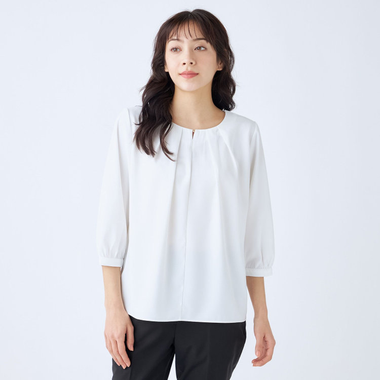 【WEB限定/OUTLET/汚れ・キズ等有】【SILVER LINE/7分袖】前後2WAYクルーネックプルオーバー/ホワイト/「ウォッシャブル可能」「2WAYストレッチ」「防シワ」「UV加工」「接触冷感」