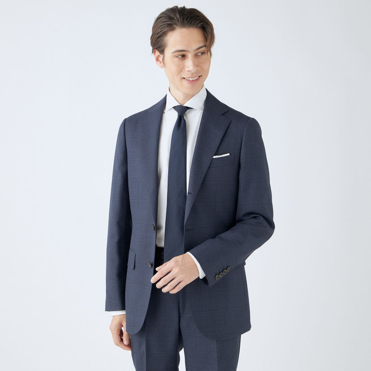 シルバーライン 【CLASSICO TAPERED】【秋冬】3釦段返りスーツ 2タック/ネイビー×チェック/ウエストムーブ/NEW ZEALAND WOOL MIX/※裾上げ必要 青中間