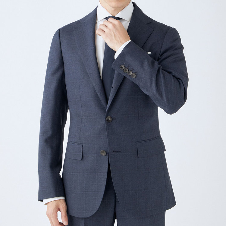 シルバーライン 【CLASSICO TAPERED】【秋冬】3釦段返りスーツ 2タック/ネイビー×チェック/ウエストムーブ/NEW ZEALAND WOOL MIX/※裾上げ必要 青中間
