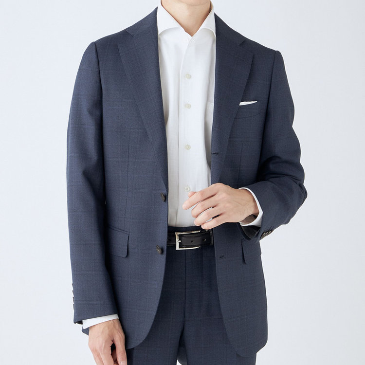 シルバーライン 【CLASSICO TAPERED】【秋冬】3釦段返りスーツ 2タック/ネイビー×チェック/ウエストムーブ/NEW ZEALAND WOOL MIX/※裾上げ必要 青中間