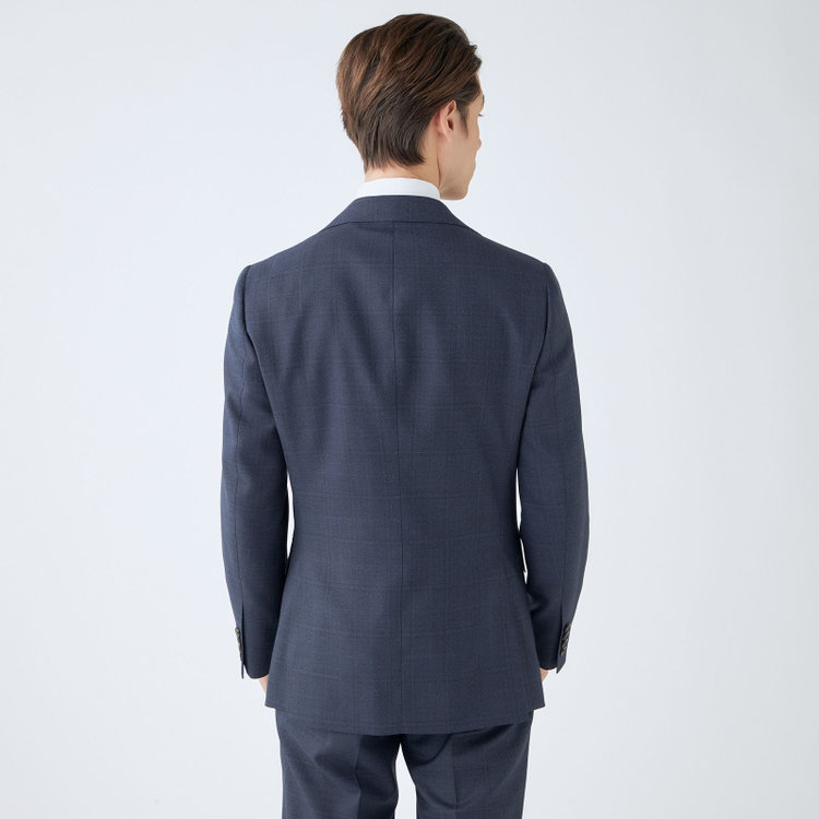 シルバーライン 【CLASSICO TAPERED】【秋冬】3釦段返りスーツ 2タック/ネイビー×チェック/ウエストムーブ/NEW ZEALAND WOOL MIX/※裾上げ必要 青中間