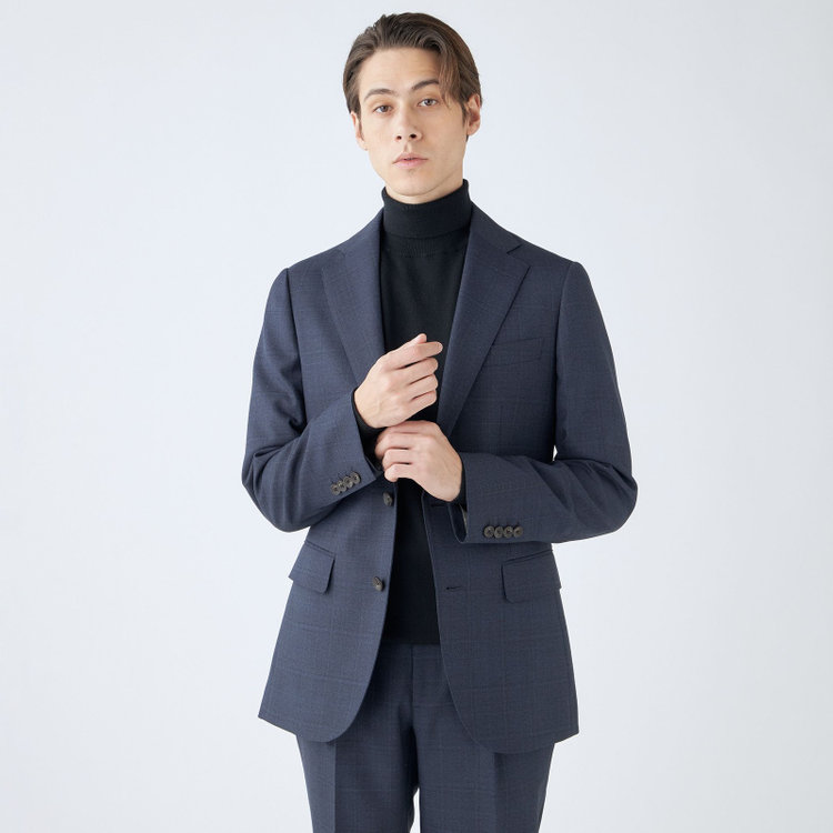 シルバーライン 【CLASSICO TAPERED】【秋冬】3釦段返りスーツ 2タック/ネイビー×チェック/ウエストムーブ/NEW ZEALAND WOOL MIX/※裾上げ必要 青中間