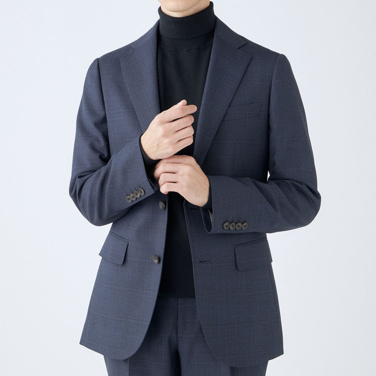 シルバーライン 【CLASSICO TAPERED】【秋冬】3釦段返りスーツ 2タック/ネイビー×チェック/ウエストムーブ/NEW ZEALAND WOOL MIX/※裾上げ必要 青中間