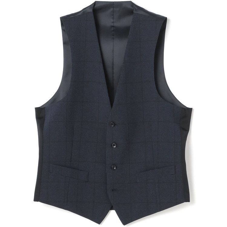 ブラックライン 【発送在庫あり】【SLIM TAPERED_2】【春夏】2釦シングルスリーピーススーツ 0タック/ネイビー×チェック/ウエストシャーリング/4S SUSTAINABILITY&ECOLOGY FABRIC/※パンツ裾上げ済仕様 紺濃色