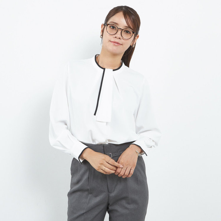 シルバーライン 【SL/長袖】ボウタイ取り外し2WAYプルオーバー/ホワイト+ブラック/「ウォッシャブル」「ストレッチ」「防シワ」「UV加工」「静電気防止」 白