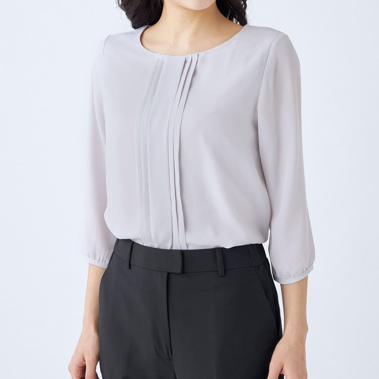 シルバーライン 【SILVER LINE/7分袖】フロントプリーツクルーネックプルオーバー/ラベンダー/「ウォッシャブル可能」「防シワ」 グレー淡色