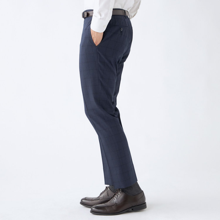 ブラックライン 【SLIM TAPERED】【春夏】0タックテーパードパンツ/ネイビー×ウィンドペン/ウエストシャーリング/ウォッシャブル/4S/※裾上げ済仕様 紺中間