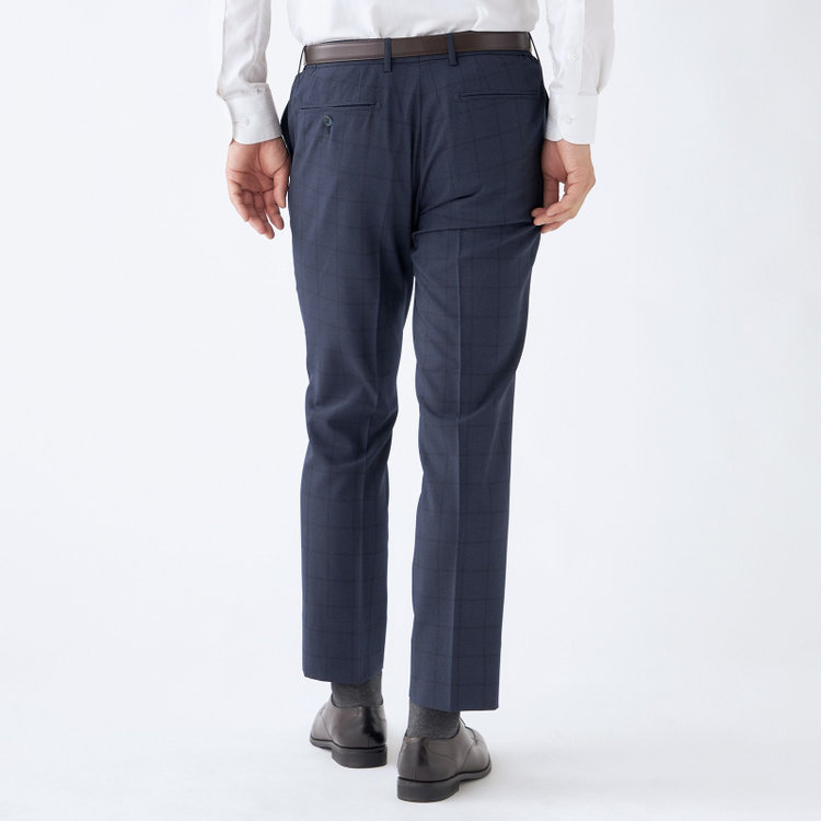 ブラックライン 【SLIM TAPERED】【春夏】0タックテーパードパンツ/ネイビー×ウィンドペン/ウエストシャーリング/ウォッシャブル/4S/※裾上げ済仕様 紺中間