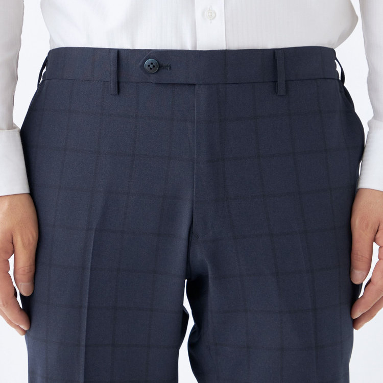 ブラックライン 【SLIM TAPERED】【春夏】0タックテーパードパンツ/ネイビー×ウィンドペン/ウエストシャーリング/ウォッシャブル/4S/※裾上げ済仕様 紺中間