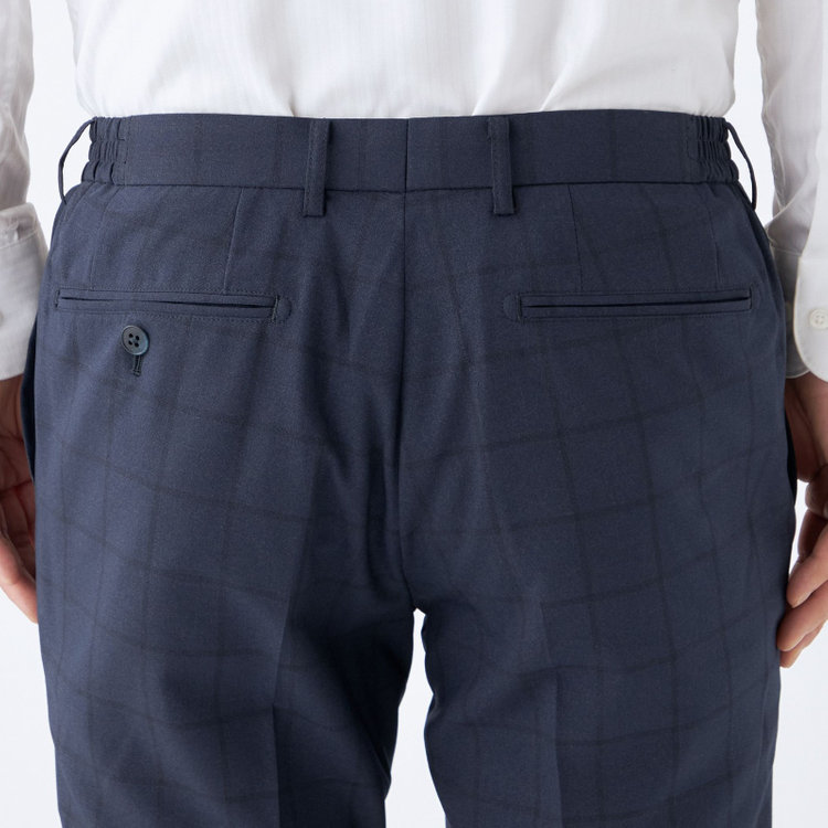 ブラックライン 【SLIM TAPERED】【春夏】0タックテーパードパンツ/ネイビー×ウィンドペン/ウエストシャーリング/ウォッシャブル/4S/※裾上げ済仕様 紺中間
