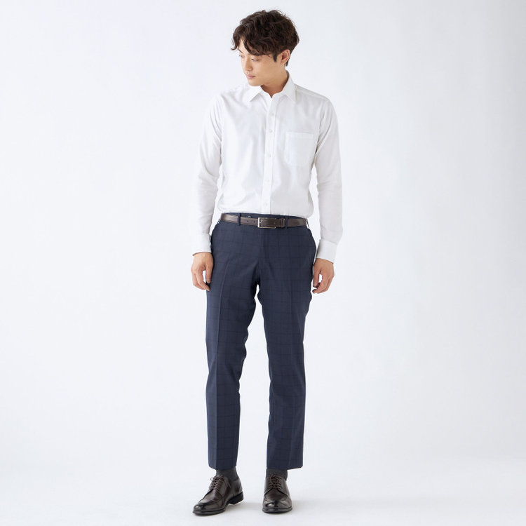 ブラックライン 【SLIM TAPERED】【春夏】0タックテーパードパンツ/ネイビー×ウィンドペン/ウエストシャーリング/ウォッシャブル/4S/※裾上げ済仕様 紺中間