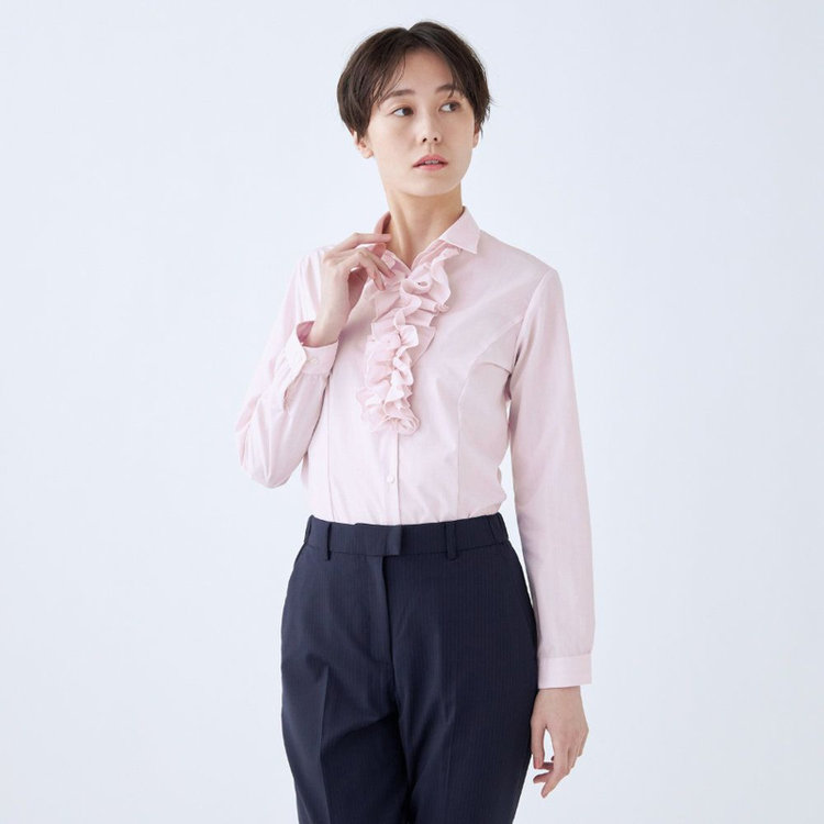 スーツセレクト 【発送在庫あり】【SUIT SELECT×Samantha Thavasa】【長袖】リボン&フリル取り外しスキッパー/ピンク×ドビーストライプ/形態安定 ピンク系(桃)