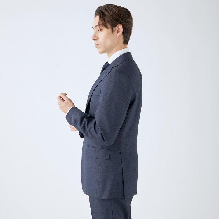 シルバーライン 【CLASSICO TAPERED】【秋冬】3釦段返りスーツ 2タック/ネイビー×チェック/ウエストムーブ/NEW ZEALAND WOOL MIX/※裾上げ必要 青中間