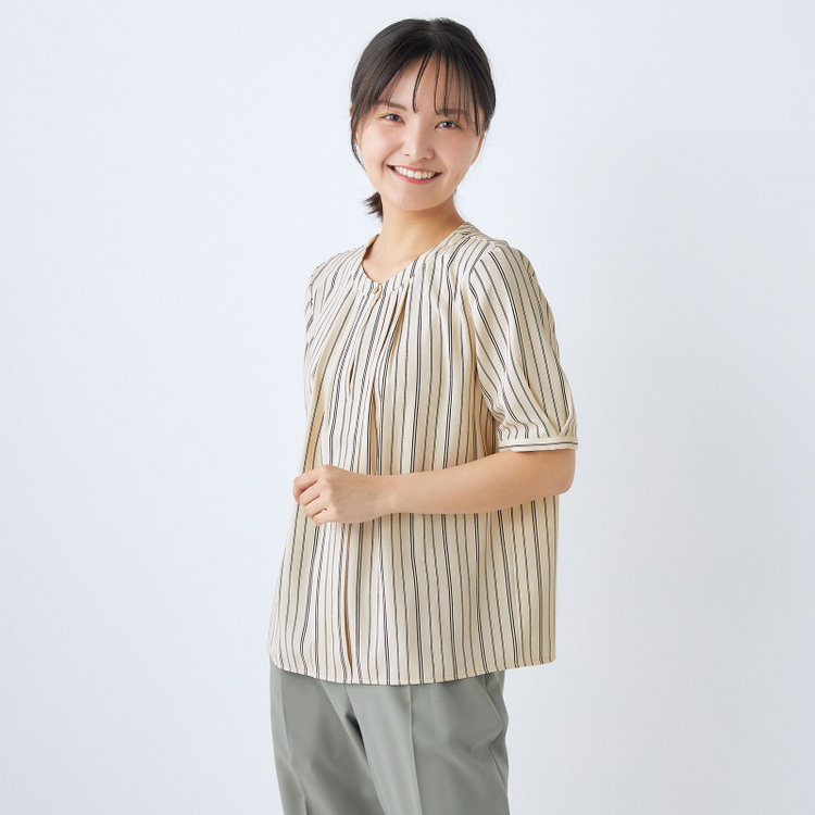 SUIT SELECT　アウトレット 【WEB限定/OUTLET/汚れ・キズ等有】 【SL/5分袖】フロントタックプルオーバー/ベージュ×ブラックストライプ 茶淡色