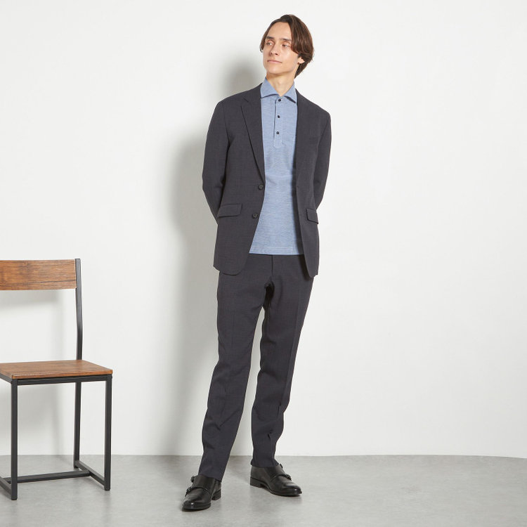 ブラックライン 【SLIM TAPERED_2】【春夏】2釦シングルスーツ 0タック/ネイビー/ウエストシャーリング/4S SUSTAINABILITY&ECOLOGY FABRIC/※パンツ裾上げ済仕様 紺濃色