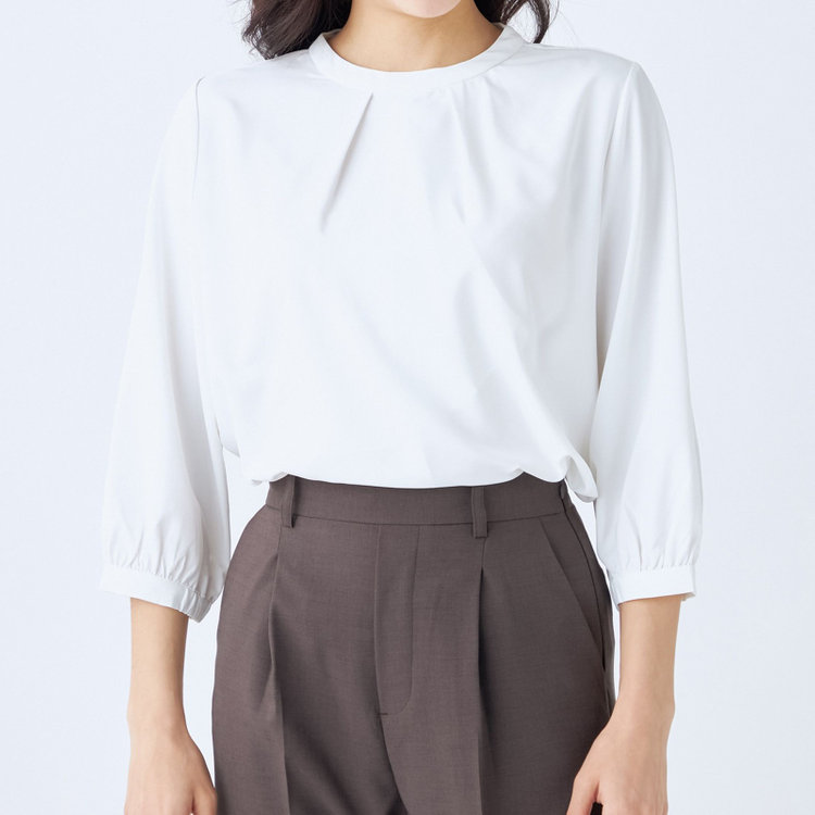 シルバーライン 【SILVER LINE/7分袖】タイ付き2WAYプルオーバー/ホワイト/「ウォッシャブル可能」「2WAYストレッチ」「防シワ」「UV加工」「接触冷感」「透け軽減」 白