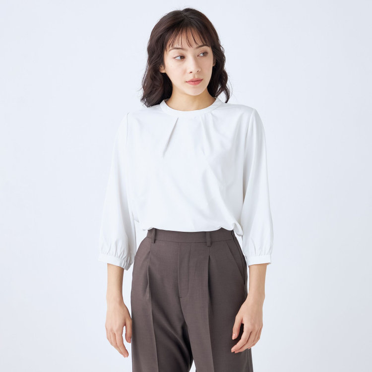 シルバーライン 【SILVER LINE/7分袖】タイ付き2WAYプルオーバー/ホワイト/「ウォッシャブル可能」「2WAYストレッチ」「防シワ」「UV加工」「接触冷感」「透け軽減」 白