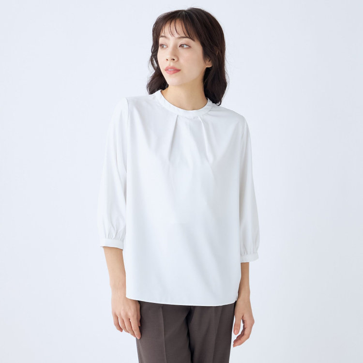 シルバーライン 【SILVER LINE/7分袖】タイ付き2WAYプルオーバー/ホワイト/「ウォッシャブル可能」「2WAYストレッチ」「防シワ」「UV加工」「接触冷感」「透け軽減」 白