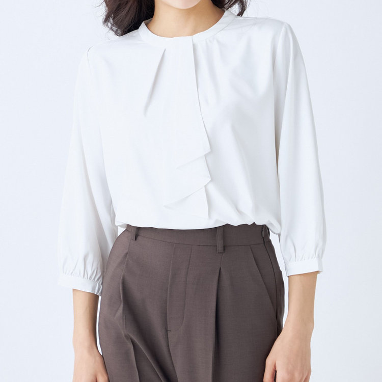 シルバーライン 【SILVER LINE/7分袖】タイ付き2WAYプルオーバー/ホワイト/「ウォッシャブル可能」「2WAYストレッチ」「防シワ」「UV加工」「接触冷感」「透け軽減」 白