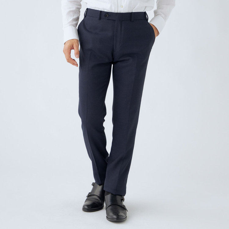 ブラックライン 【SLIM TAPERED_2】【秋冬】2釦シングルスーツ 0タック/ネイビー×バーズアイ/ウエストシャーリング/4S SUSTAINABILITY&ECOLOGY FABRIC/※パンツ裾上げ済仕様 紺中間